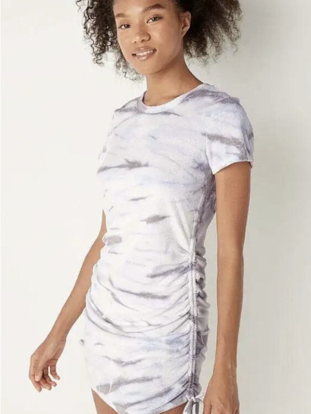 PINK Victoria's Secret White and Light Gray Tie-Dye Side-Ruched